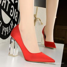 Stock Big Size 43 Clear Heel Block Shape Satin Material Red Shoes Woman High Heel Dress Shoes